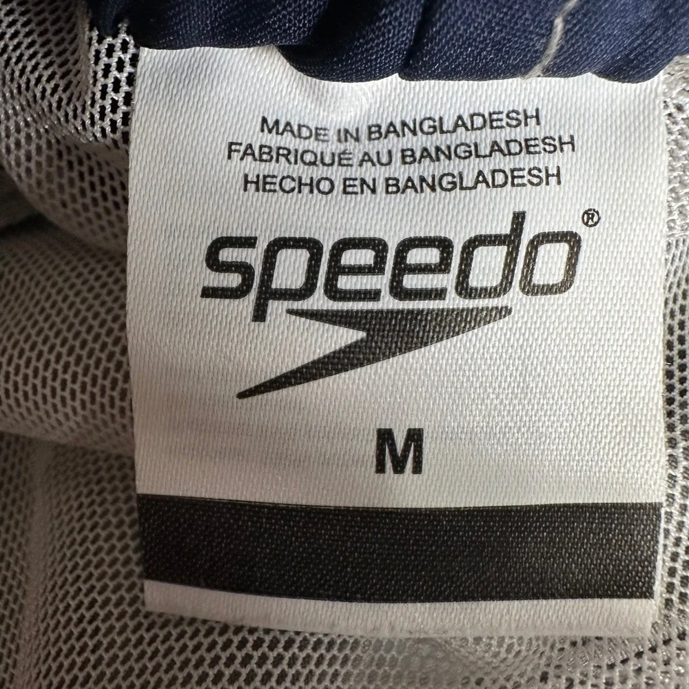 Speedo Swim Trunks Men Medium Grey Navy White Colorblock Mesh‎ Liner 7 Inch